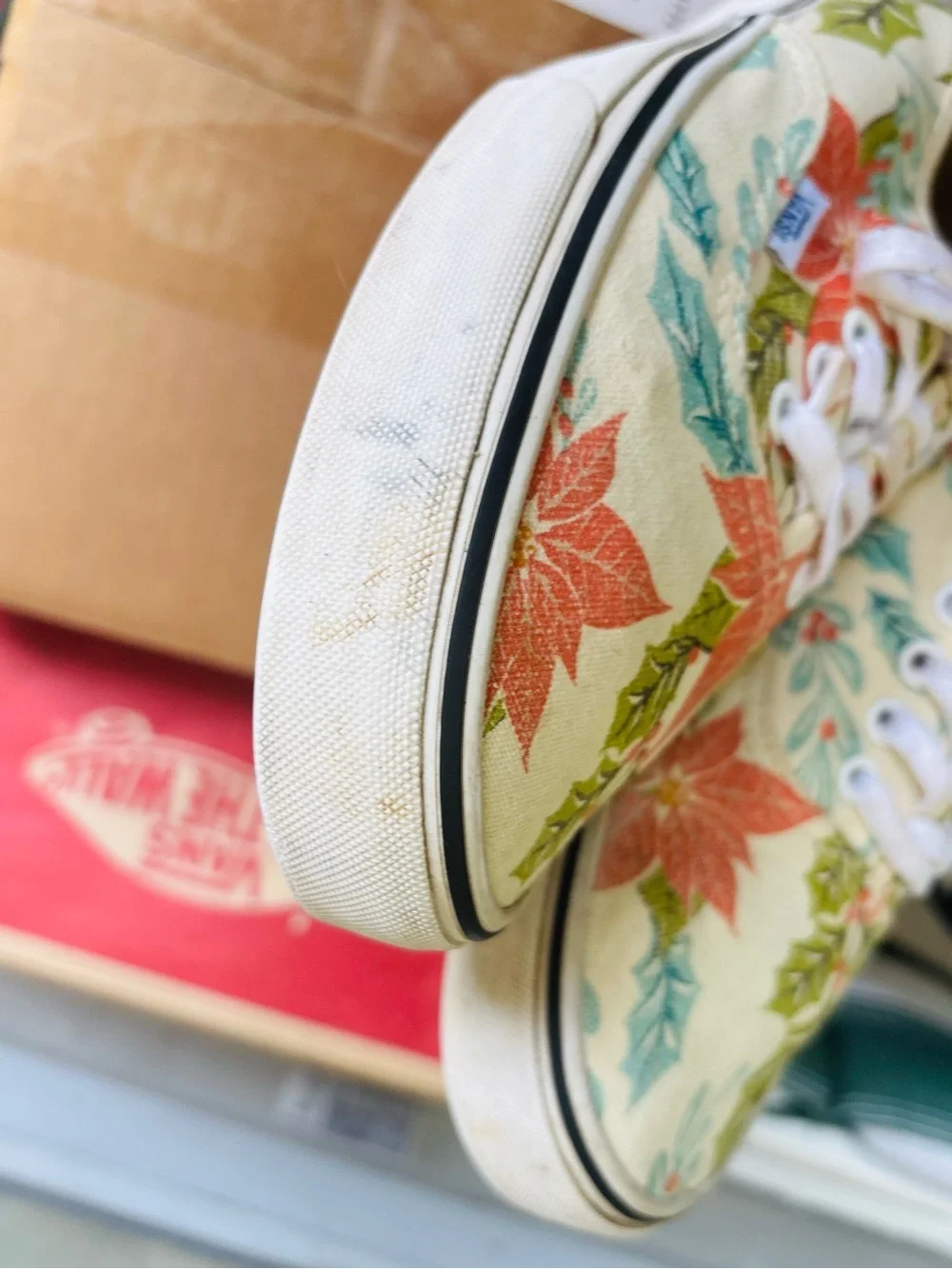 Vans Canvas Low-Top Sneakers in White with Red & Green Floral Print